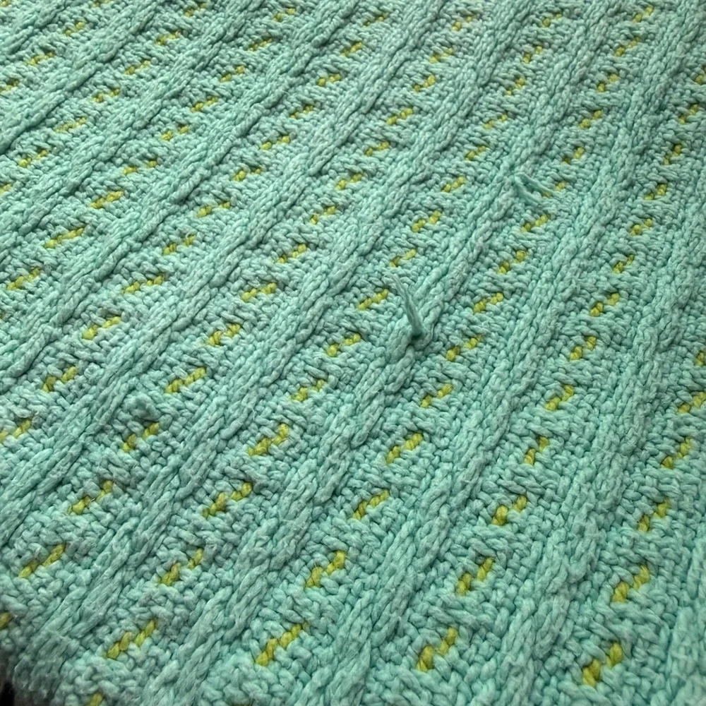 Vtg Knit Blanket Blue Yellow Fringe Unisex Cotton Throw Blanket‎